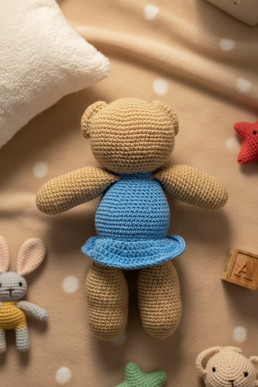 A handmade crocheted teddy bear toy viewed from behind, featuring a tan body and a bright blue ruffled dress, set against a plain light gray background.